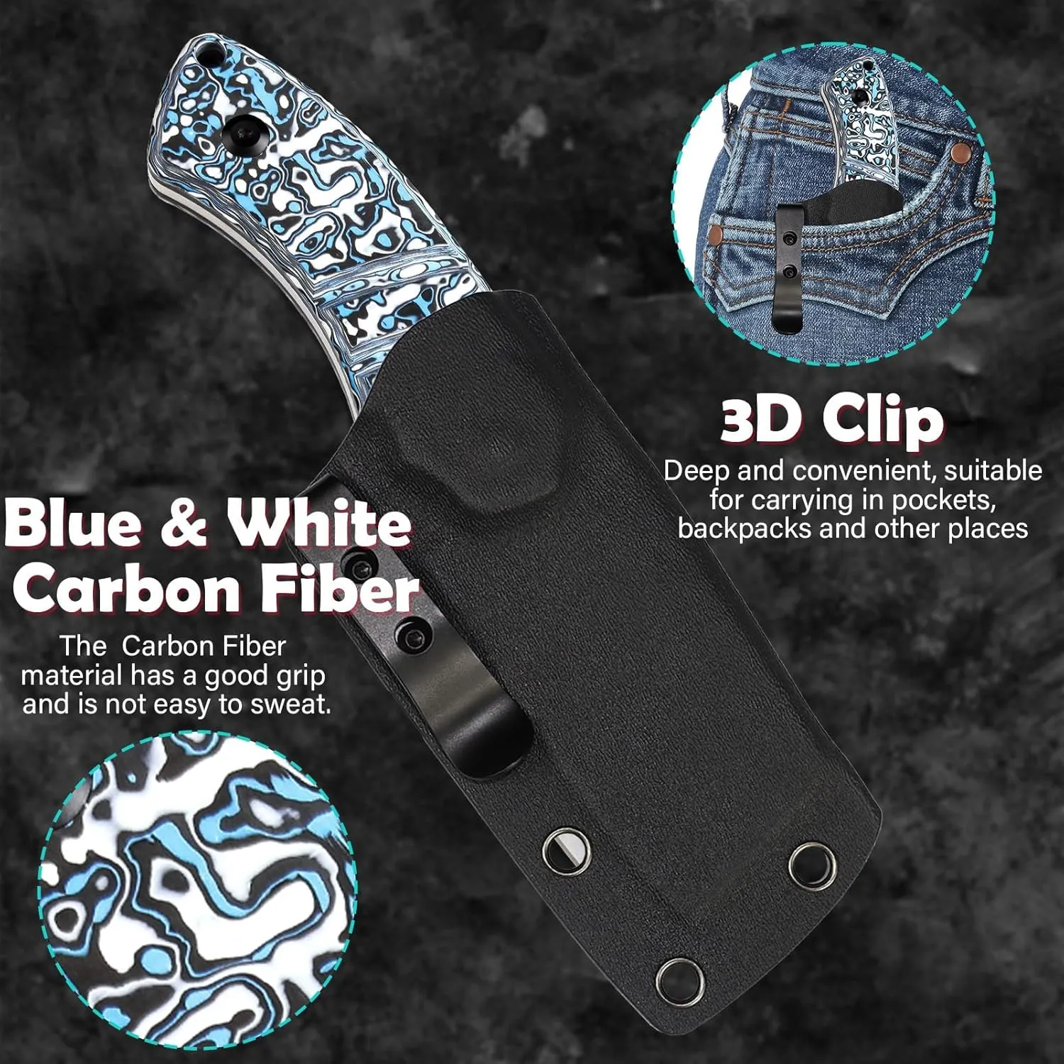 KANSEPT Knives Korvid S Fixed blade Hunting Camping Hiking Knife with 2.9''CPM S35VN Cleaver Blade Blue & White Carbon Fiber Handle, Kydex Sheath for Men WomenEveryday Carry G2030A6