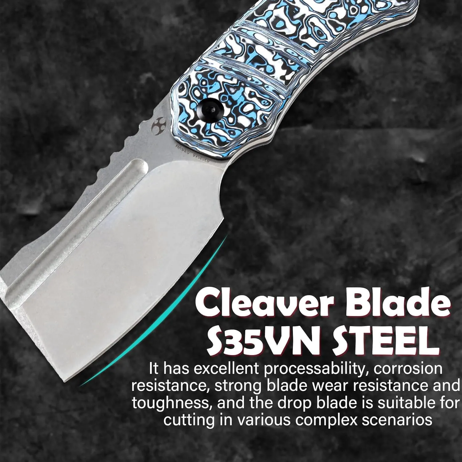 KANSEPT Knives Korvid S Fixed blade Hunting Camping Hiking Knife with 2.9''CPM S35VN Cleaver Blade Blue & White Carbon Fiber Handle, Kydex Sheath for Men WomenEveryday Carry G2030A6