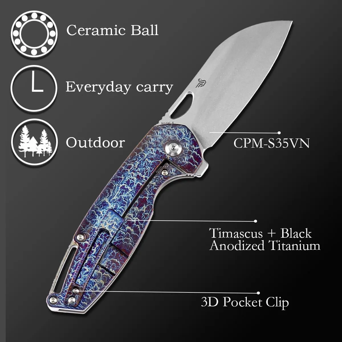 KANSEPT Model 6 Pocket Folding Knives EDC Camping Folding Knife 3.1'' CPM-S35VN Material Pocket Folding Knife with Stonewashed Bronze Anodized Titanium Handle Everyday Carry K1022B8