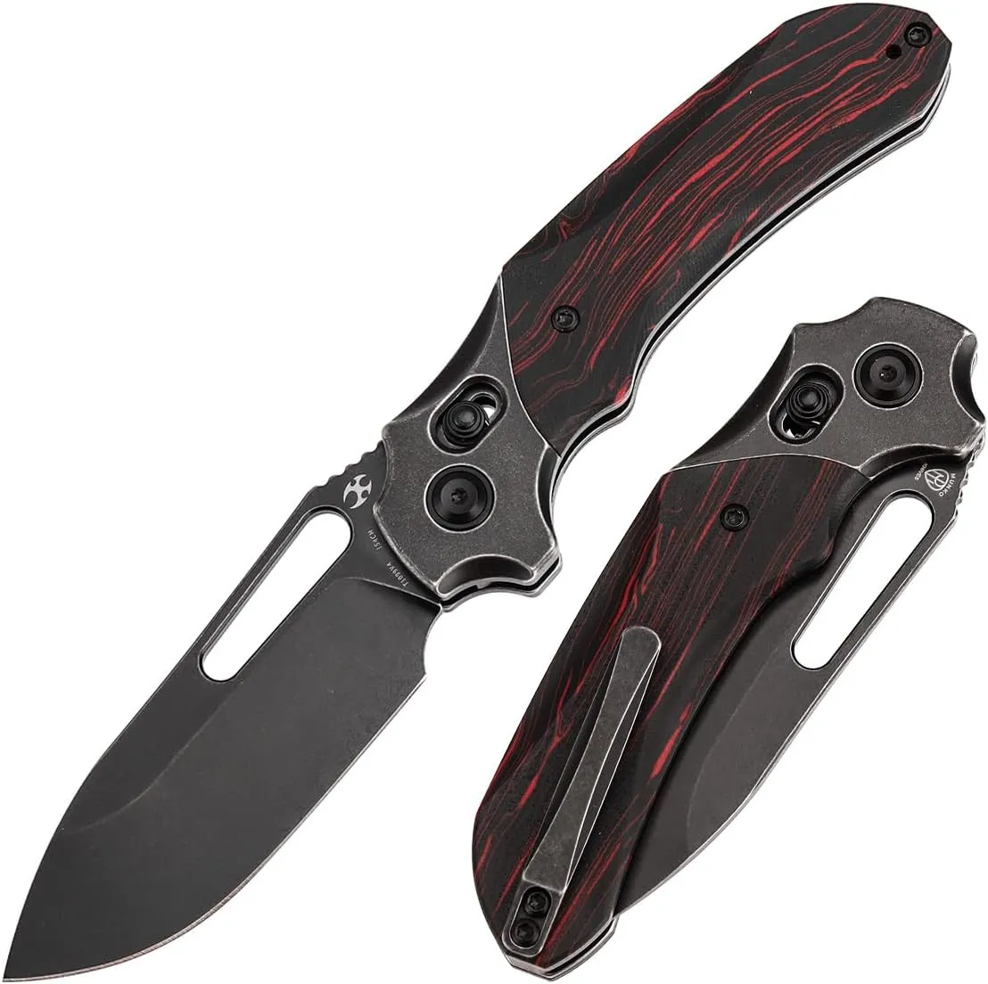 Kansept Quasar Pocket Knife,3.38''Blackwash 154CM Sharp Steel Blade, Red and Black G-Mascus Handle, Cross Bar Lock Folding with Elongated Thumb Hole for Edc,Camping Hiking Knives for Men Women T1099V4
