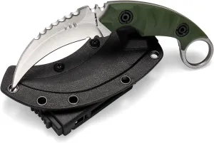 Karambit Knife Outdoor Survival Claw Knife Teeth Knife Double edged Knives Fixed Blade Camping Survival Knife Hunting Knives EDC Tools Tactical Knife With Sheath (Silver and Green G10)