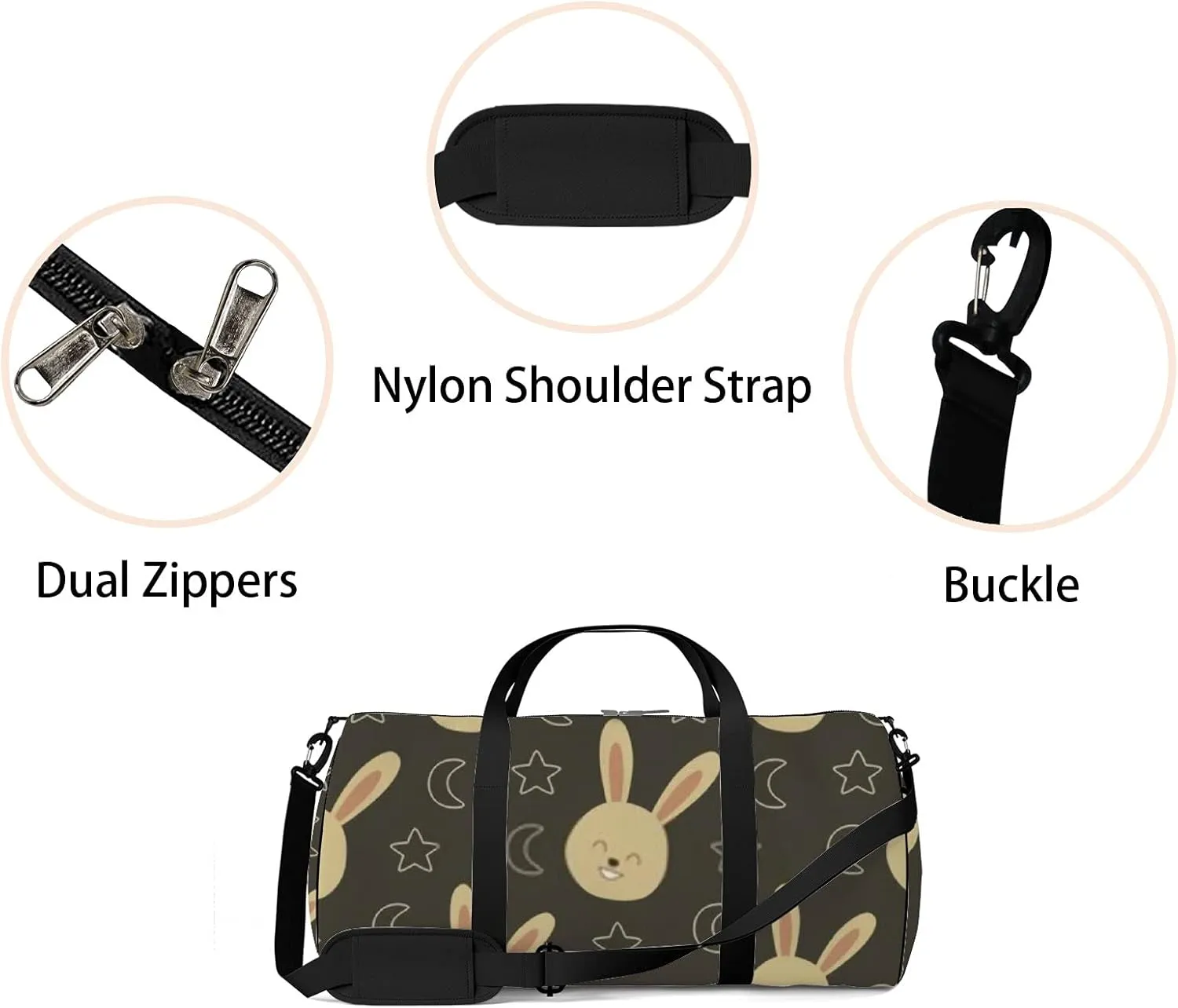 Kawaii Animals Unicorn Cute Bunny Rabbit and Moon Sports Bag Tote Bag Waterproof Gym Bag with Shoulder Strap Zipper 2 Side Pockets for Men and Women, Travel and Storage Shoulder Bag.