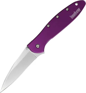 Kershaw Leek Purple Folding Knife (1660PUR); 3 Bead-Blasted High-Performance Sandvik 14C28N Steel Blade, Purple Anodized Aluminum Handle, SpeedSafe Assisted Opening, Liner and Tip Lock Slider, 2.4 OZ