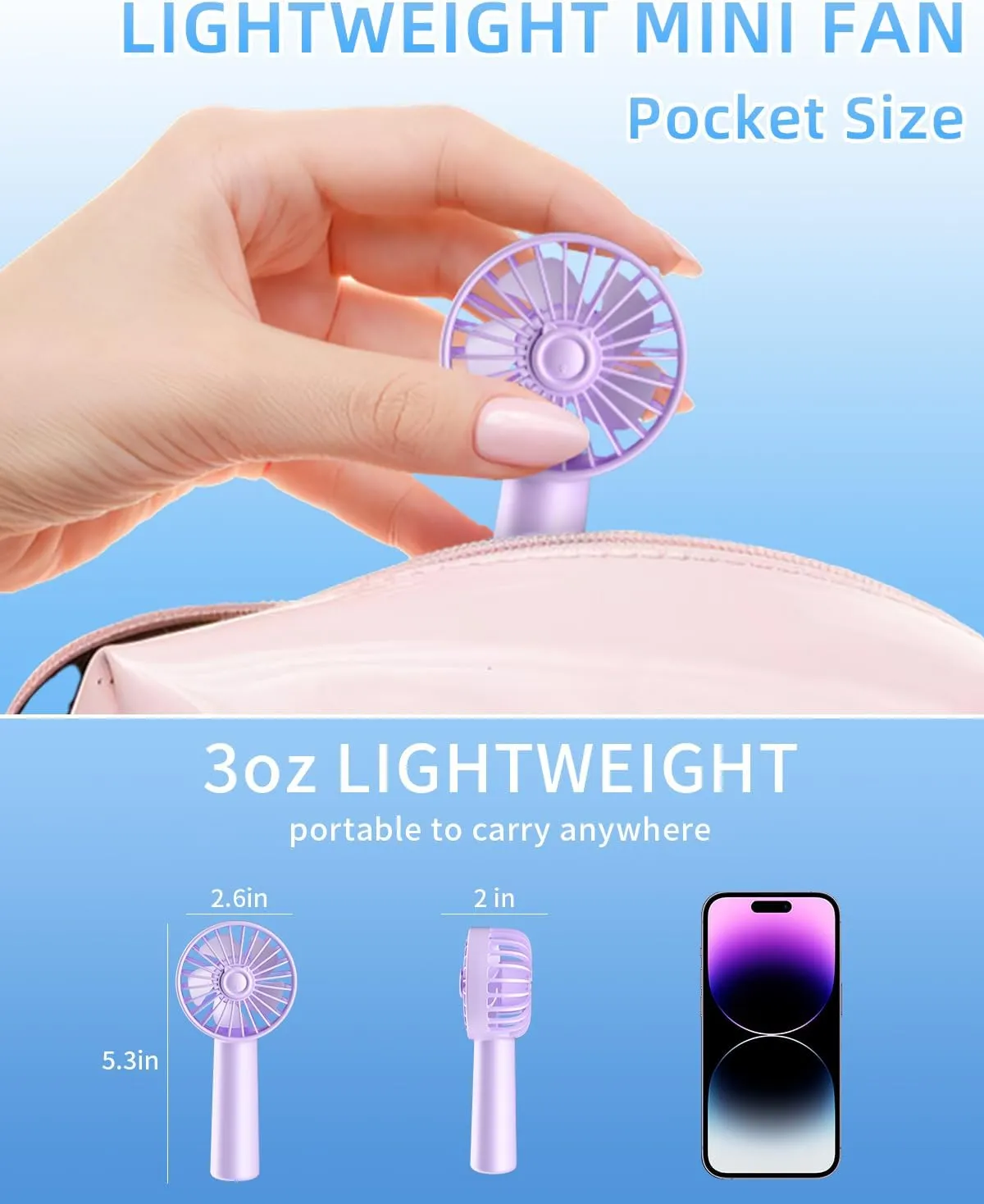 KIDEE Portable Mini Fan, 2 Pack Handheld Fan with 3 Speeds, Hand Fans USB Rechargeable, Battery Powered Personal Fan for Travel, Small Lash Fan for Women Girls, Light Purple