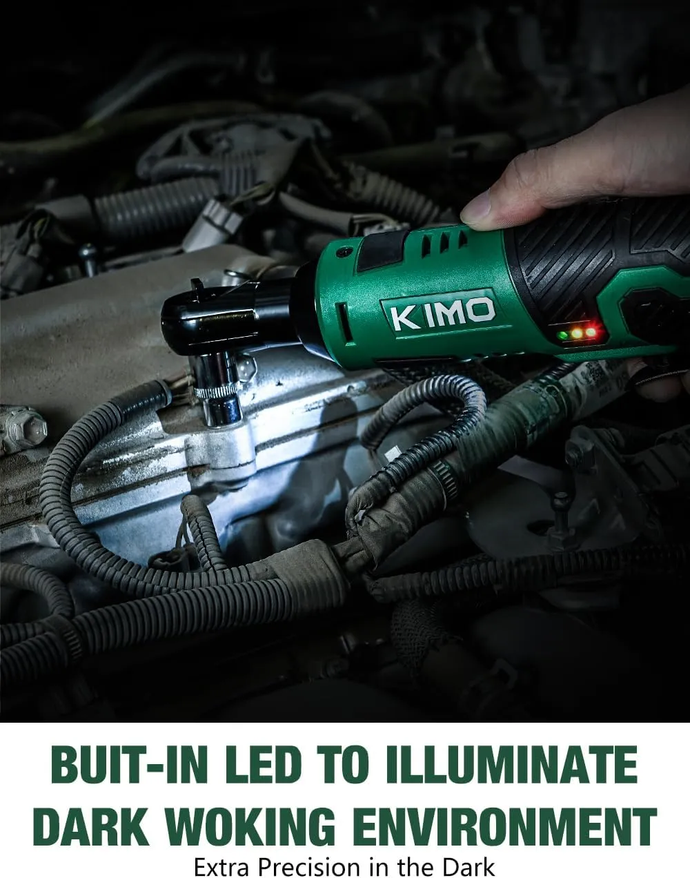 KIMO Cordless Electric Ratchet Wrench Set, 40 Ft-lbs, 400 RPM, 12V Cordless Ratchet Wrench 3/8" w/ 60-Min Charger, 7 Sockets, 1/4" adapter, 2-Pack 2000mAh Lithium-Ion Batteries, Variable Speed Trigger