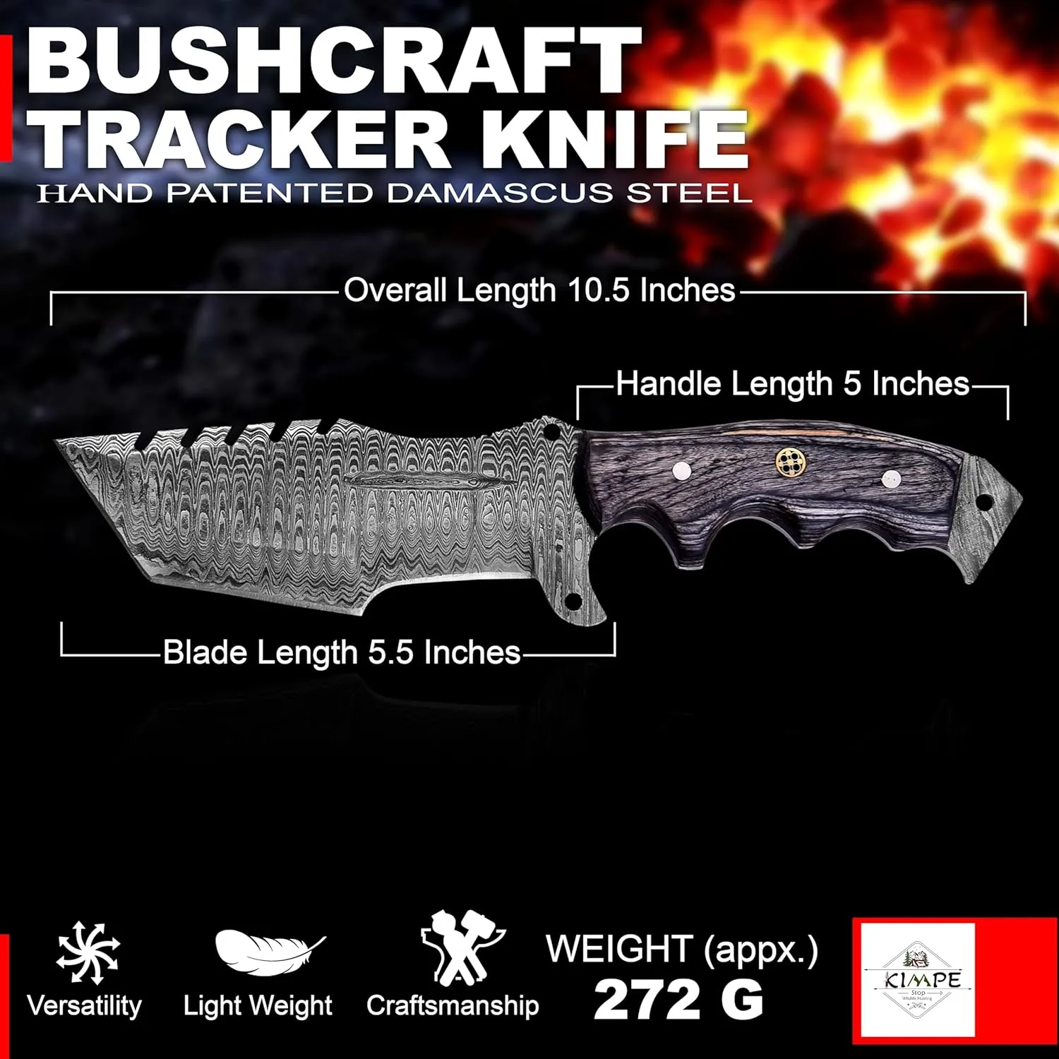KIMPE 10.5’’ Damascus Hunting Knife with Leather Sheath-Fixed Blade EDC Knife-Bushcraft Knives-Wood Handle-Best Camping Knife & Survival Knife-Knives for Men. (Pakka-Grey)