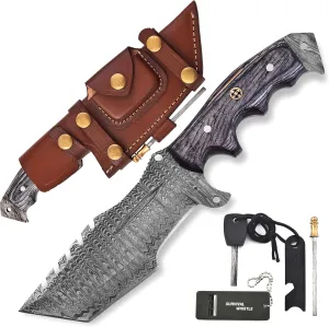 KIMPE 10.5’’ Damascus Hunting Knife with Leather Sheath-Fixed Blade EDC Knife-Bushcraft Knives-Wood Handle-Best Camping Knife & Survival Knife-Knives for Men. (Pakka-Grey)