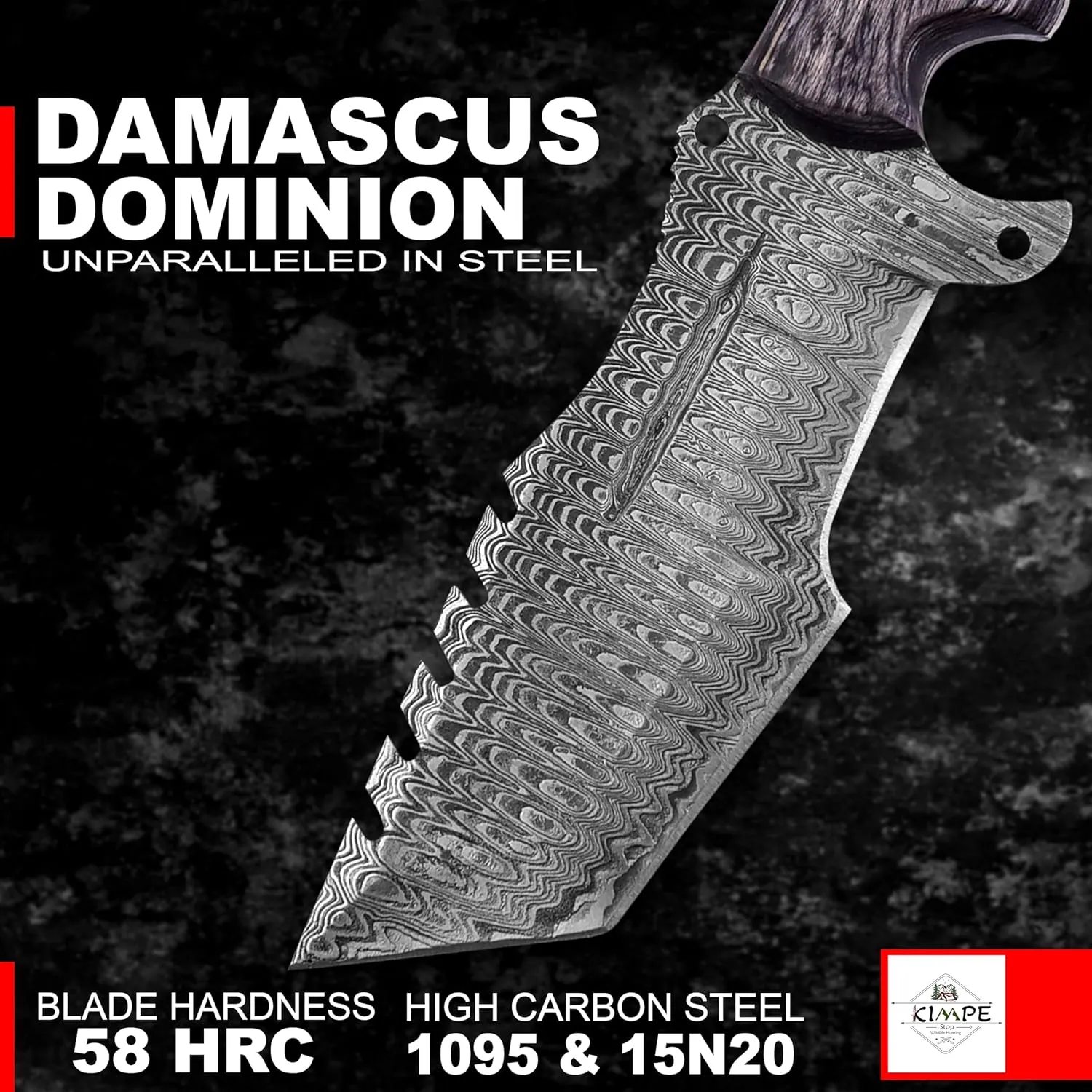 KIMPE 10.5’’ Damascus Hunting Knife with Leather Sheath-Fixed Blade EDC Knife-Bushcraft Knives-Wood Handle-Best Camping Knife & Survival Knife-Knives for Men. (Pakka-Grey)