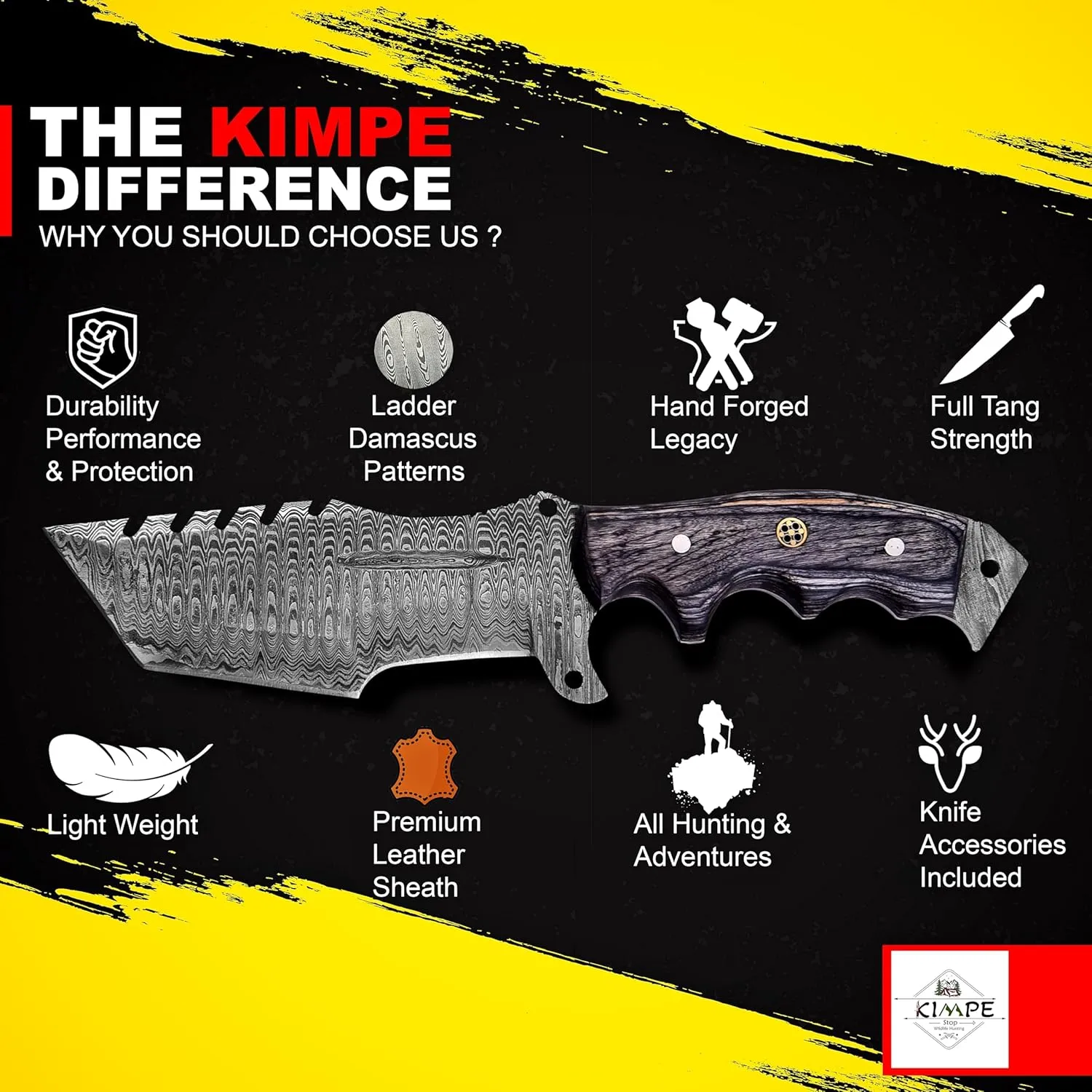 KIMPE 10.5’’ Damascus Hunting Knife with Leather Sheath-Fixed Blade EDC Knife-Bushcraft Knives-Wood Handle-Best Camping Knife & Survival Knife-Knives for Men. (Pakka-Grey)