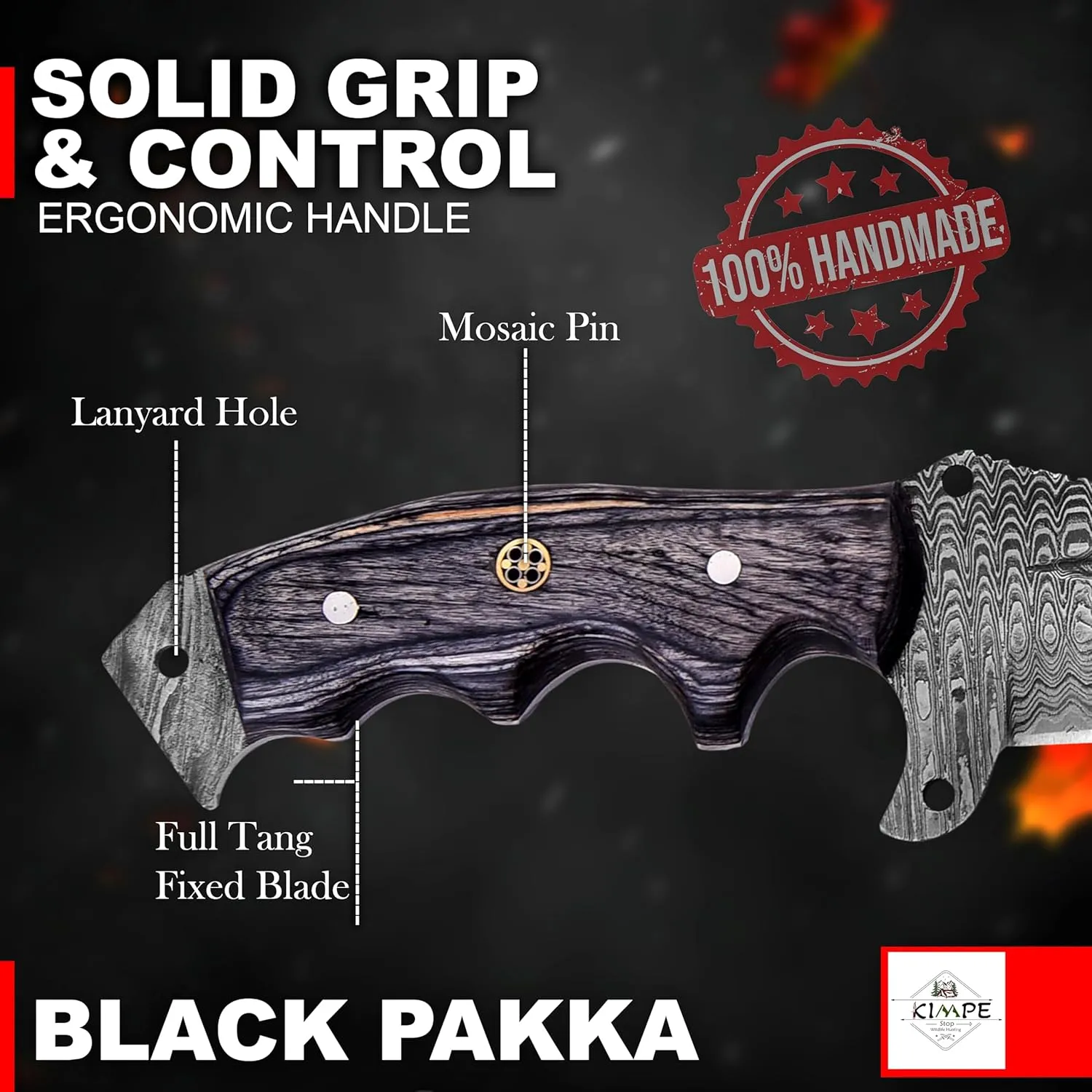 KIMPE 10.5’’ Damascus Hunting Knife with Leather Sheath-Fixed Blade EDC Knife-Bushcraft Knives-Wood Handle-Best Camping Knife & Survival Knife-Knives for Men. (Pakka-Grey)