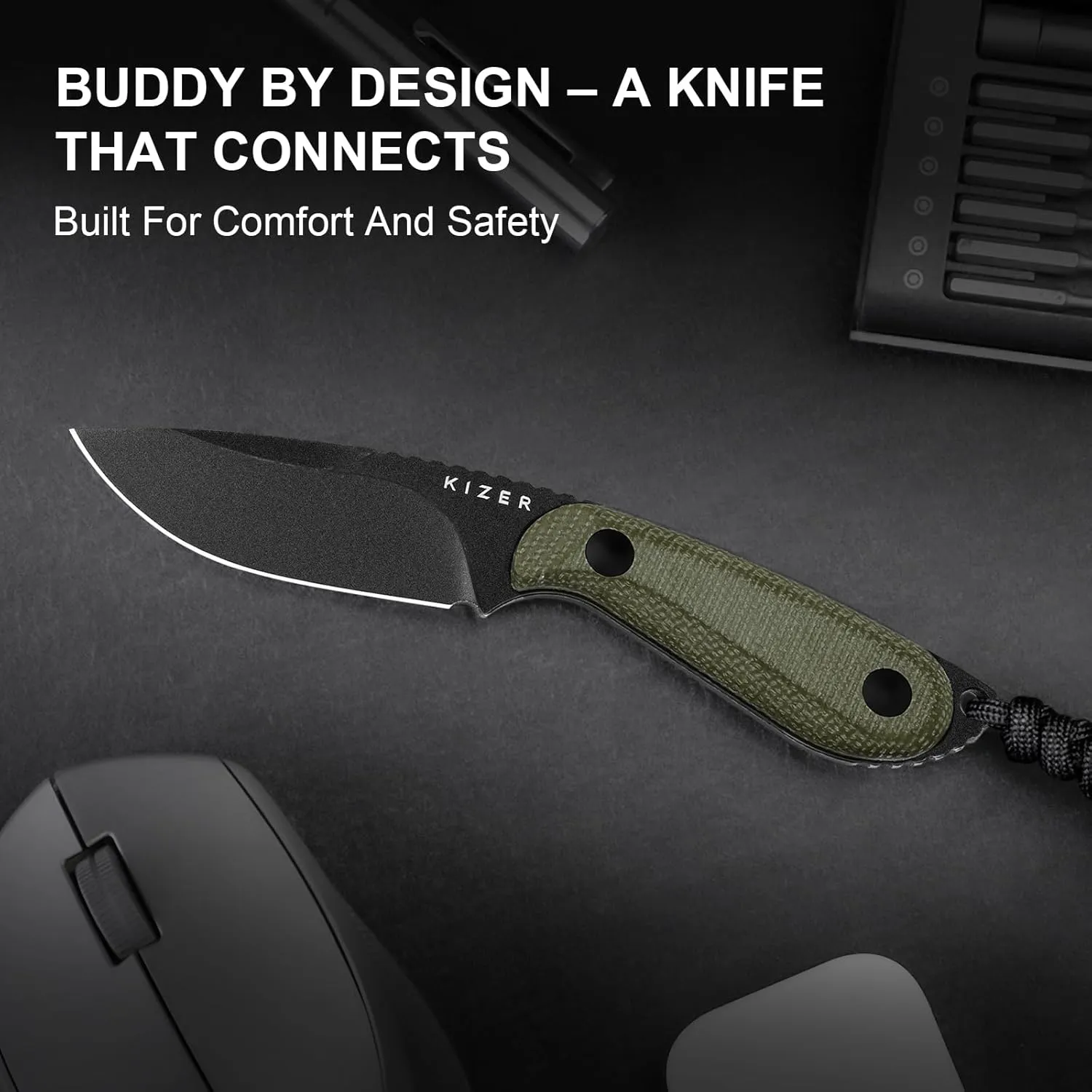 Kizer BUDDY Fixed Blade EDC Knife, 3" D2 Steel Camping Knife with Olive Green Micarta Handle, Comfortable Everyday Carry Hunting Knives with Kydex Sheath for Outdoor Hiking & Survival 1081M1