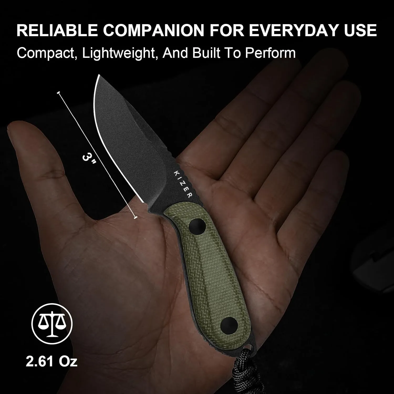 Kizer BUDDY Fixed Blade EDC Knife, 3" D2 Steel Camping Knife with Olive Green Micarta Handle, Comfortable Everyday Carry Hunting Knives with Kydex Sheath for Outdoor Hiking & Survival 1081M1