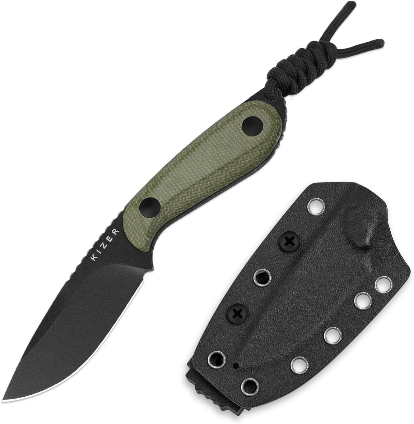 Kizer BUDDY Fixed Blade EDC Knife, 3" D2 Steel Camping Knife with Olive Green Micarta Handle, Comfortable Everyday Carry Hunting Knives with Kydex Sheath for Outdoor Hiking & Survival 1081M1