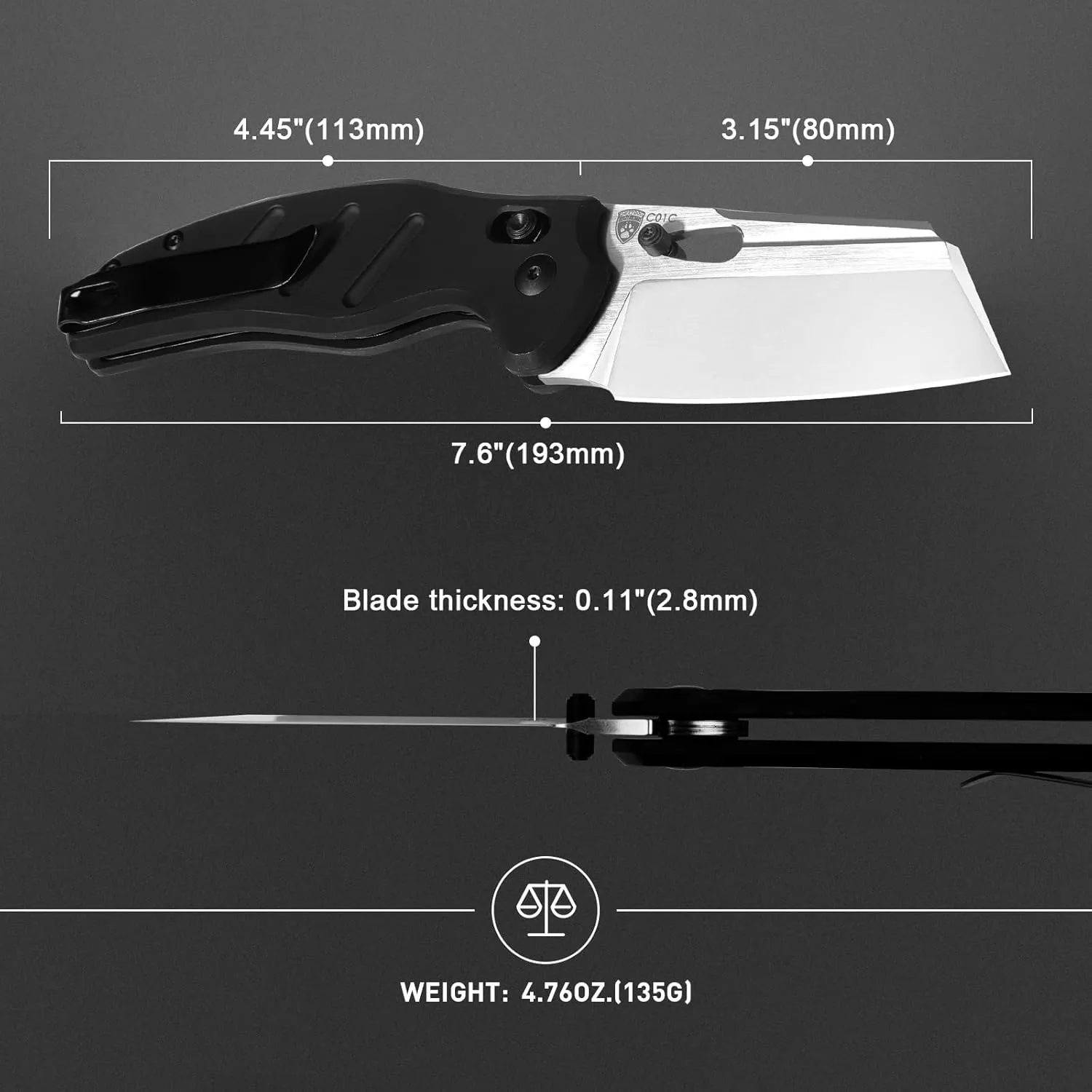 Kizer C01C Sheepdog Pocket Knife, 3.15" 154CM Blade EDC Folding Knife with Durable Black Aluminum Handle, Camping Knives with Clutch Lock, Hiking Survival Knives with Thumb Stud and Hole, V4488AC2