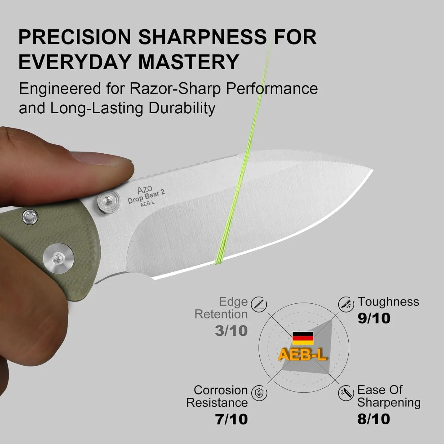 Kizer Drop Bear 2 Pocket Knife, 2.92" AEB-L Drop Point Blade Folding Knife with Olive Green G10 Handle, Button Liner Lock EDC Knives with Jimping on Spine for Men Women V3619.2CD2