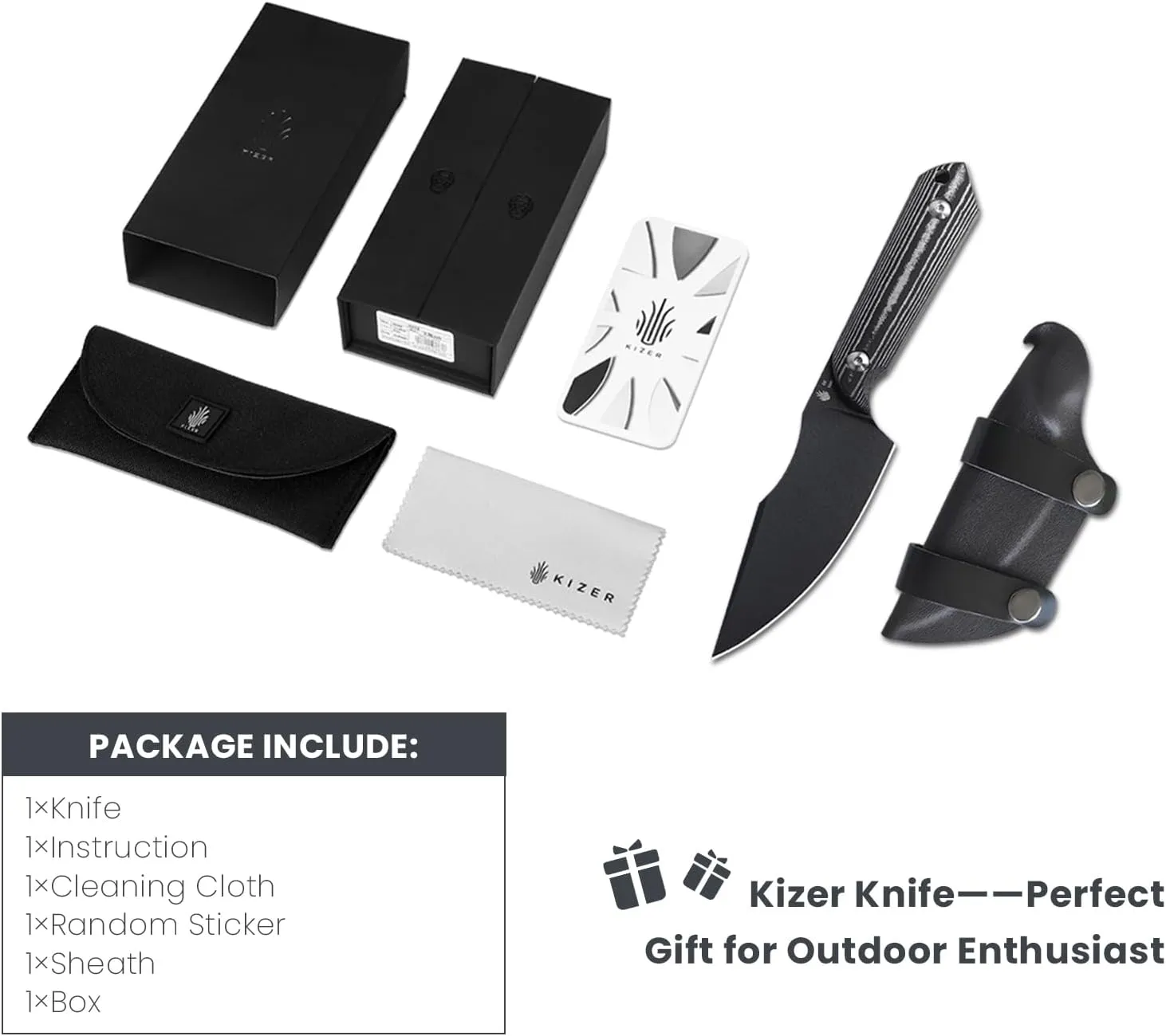Kizer Harpoon Fixed Blade Knife, D2 Blade with Black Micarta Handle Hunting Knives, EDC Fixed Blade Knife with Sheath, for Hunting Hiking Camping 1040A1