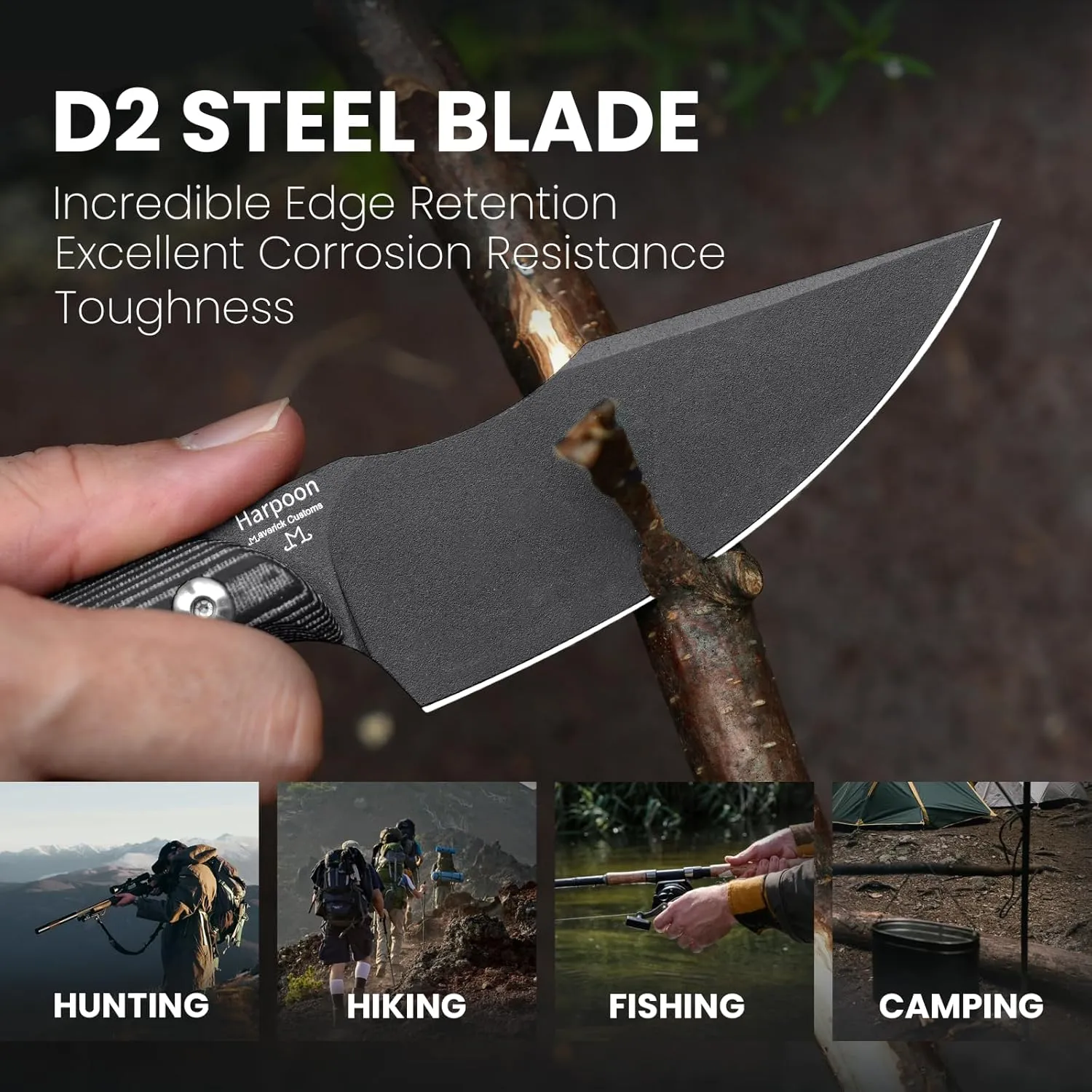 Kizer Harpoon Fixed Blade Knife, D2 Blade with Black Micarta Handle Hunting Knives, EDC Fixed Blade Knife with Sheath, for Hunting Hiking Camping 1040A1