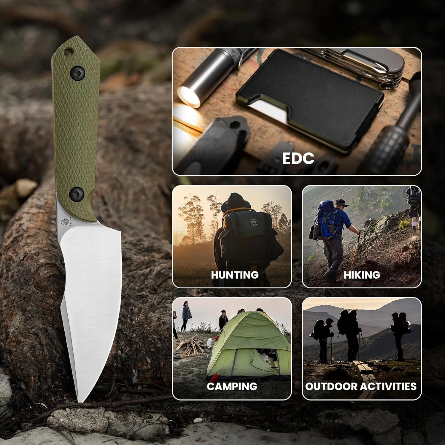 Kizer Harpoon Fixed Blade Knife with Sheath, 3.84” D2 Fixed Blade EDC Knife with G10 Handle for Hunting, Camping, Hiking, Survival 1040M1