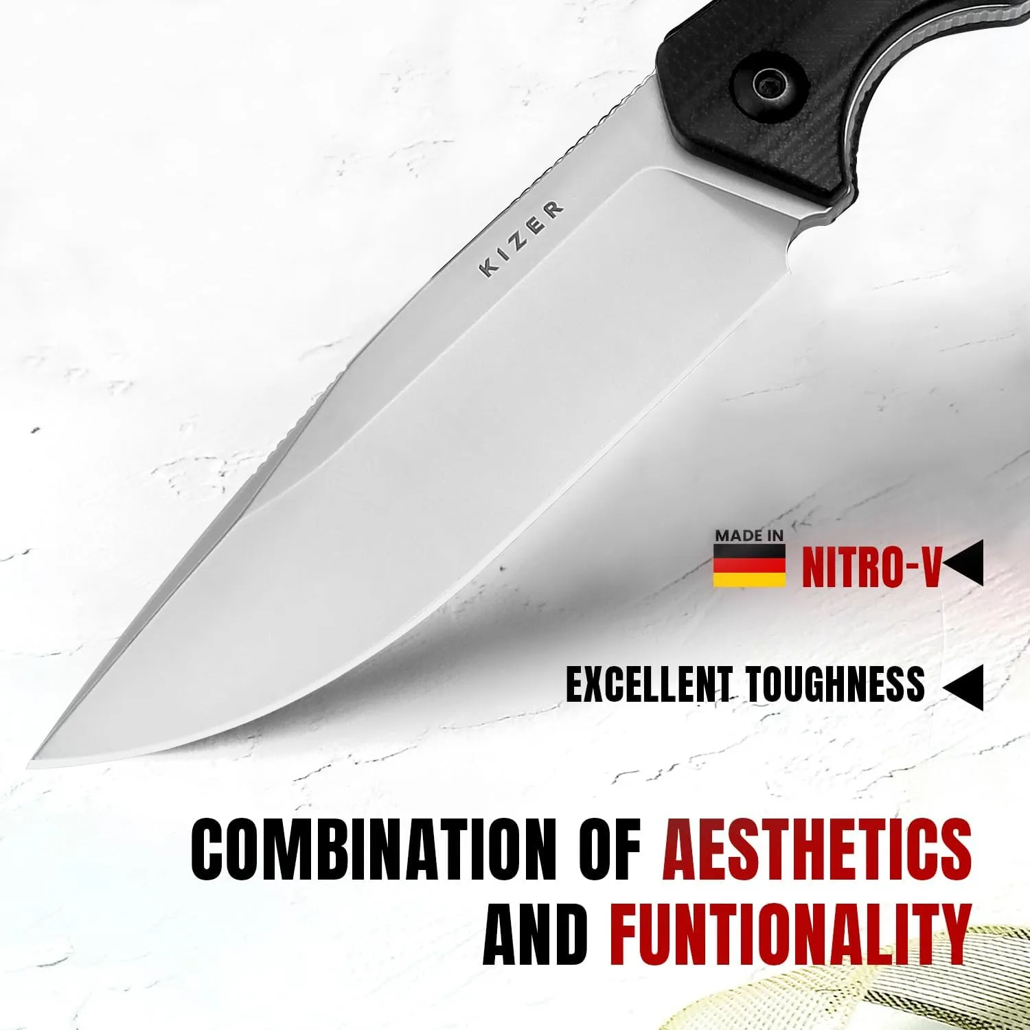 Kizer Militaw Fixed Blade Knife with Sheath, Nitro V Blade Camping Knife with G10 & Micarta Handle, Fixed Blade EDC Knife for Men Women Gift, Outdoor Hunting Hiking Survival Knives 1067A2