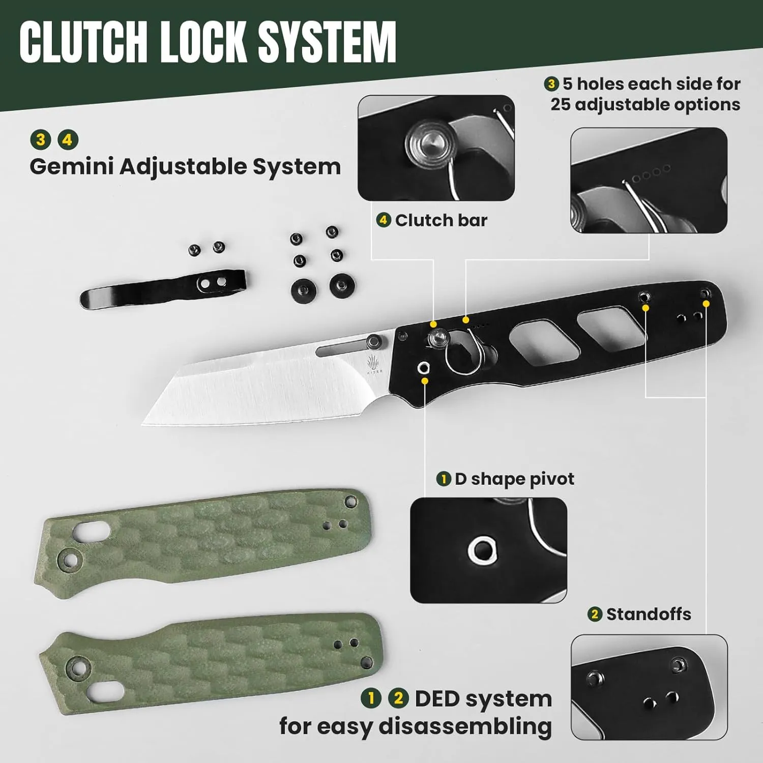 Kizer Task EDC Pocket Knife, 3.04 Inch 154CM Sheepsfoot Blade Folding Knife with Innovative Clutch Lock, Olive Green G10 Handle Camping Knives, Small Hunting Knives with Thumb Stud Opener, V3641C3