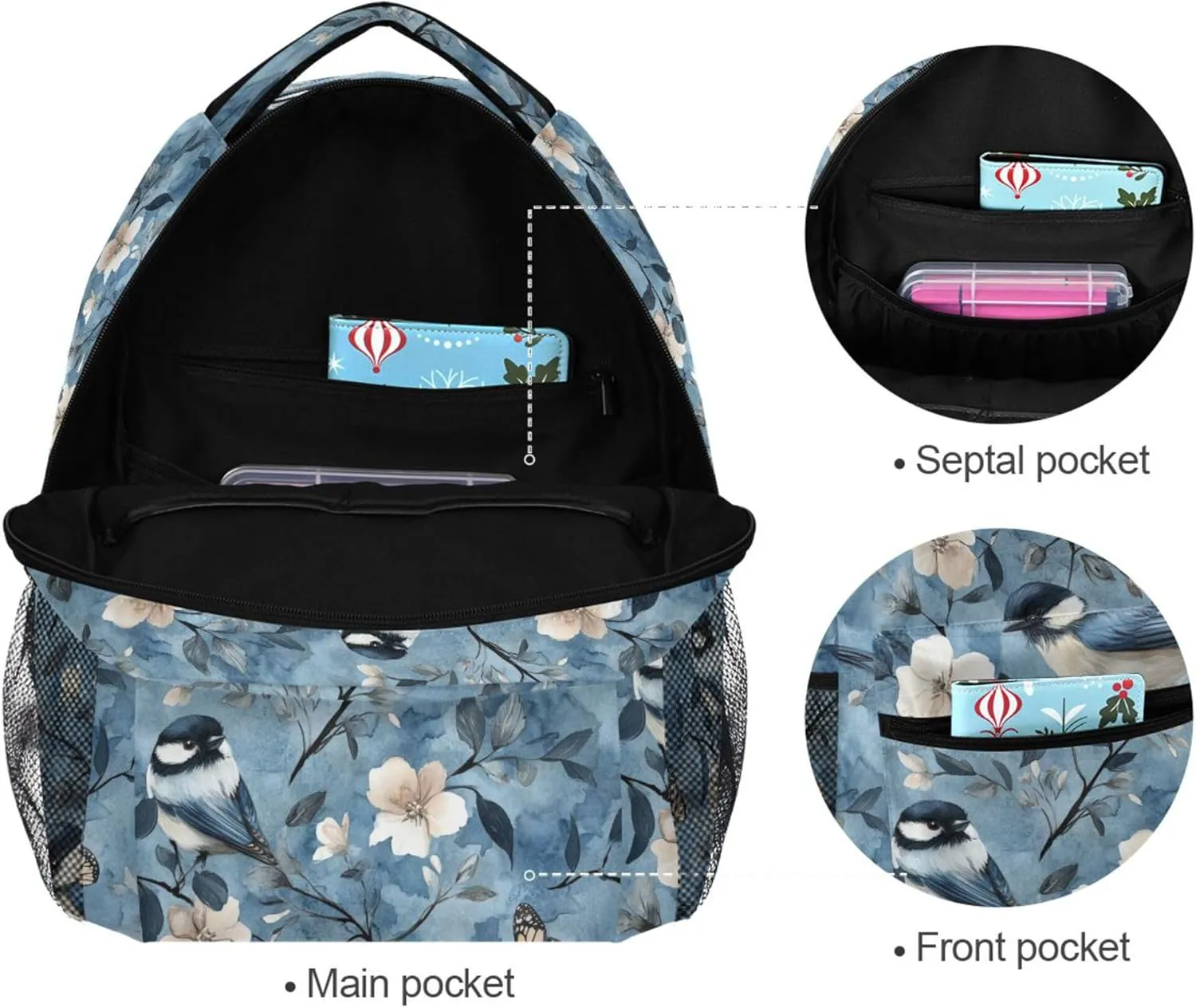 KLL Laptop Backpack for Teacher Nurse Waterproof Diaper Bag Backpack with Chest Strap for Travel Trip Aesthetic Black - Capped Chickadee Birds A River