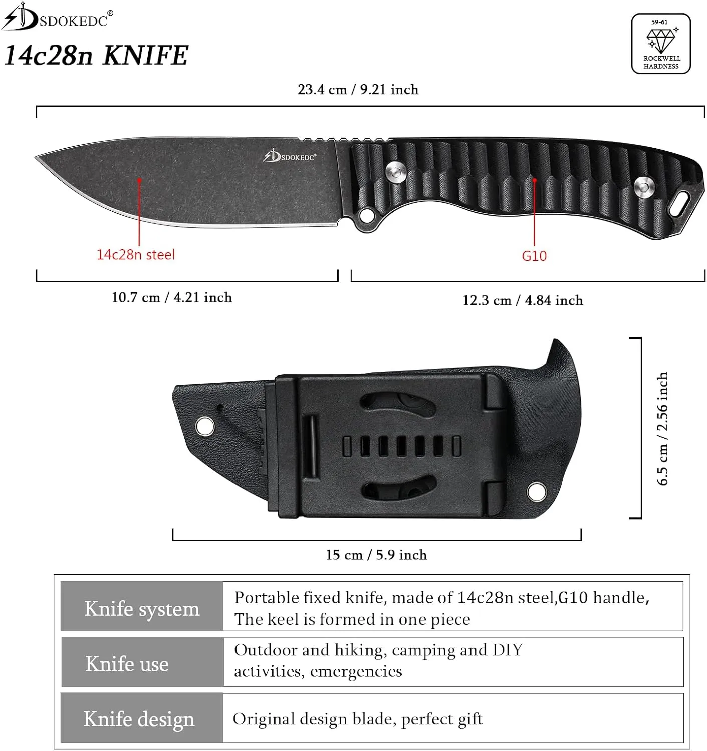Knives 14C28N Steel Tactical Fixed Blade Knife with kydex sheath for Men EDC Outdoor Camping Survival Hunting (Black black handle)