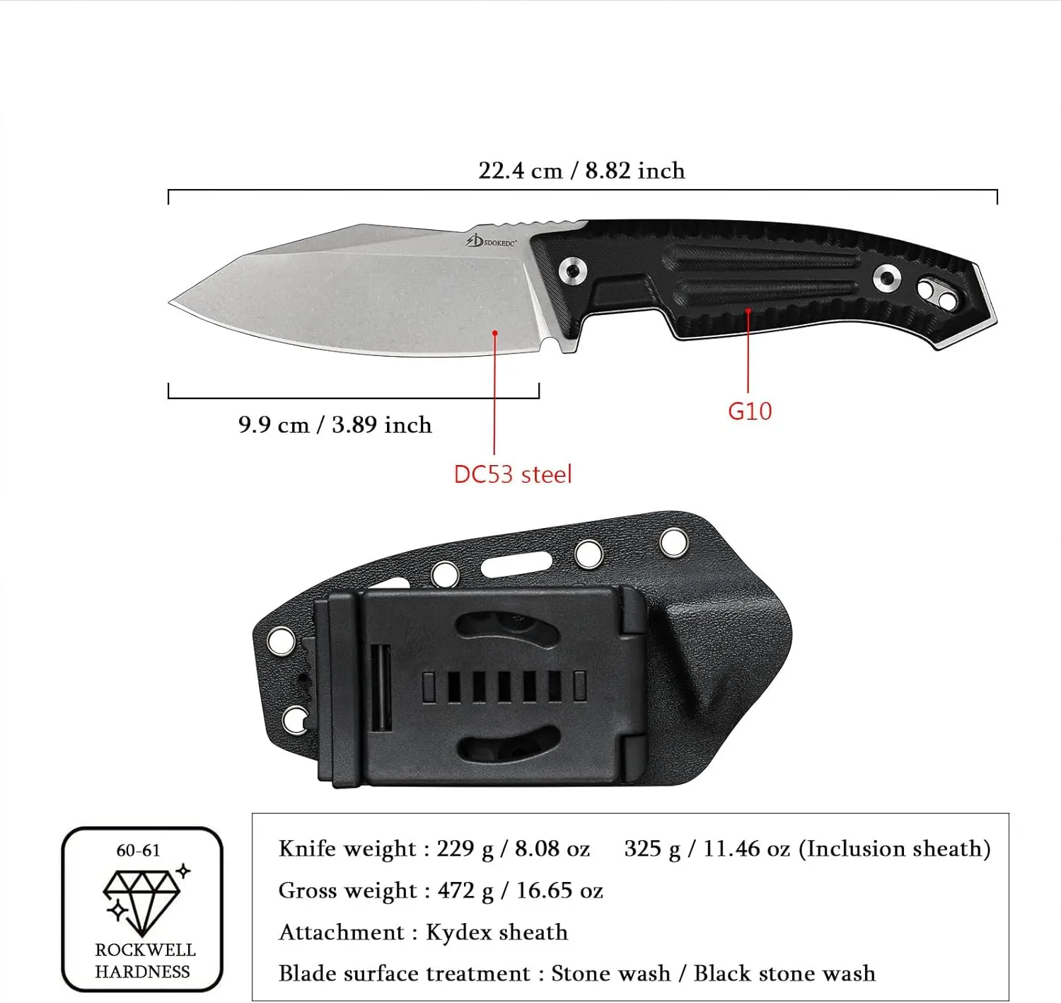 Knives 3.89“ DC53 Steel Tactical Fixed Blade Knife G10 Handle with kydex sheath for Men EDC Outdoor Camping Survival Hunting (White Stone Wash)