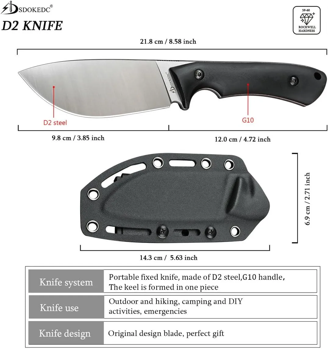 Knives D2 Steel Tactical Fixed Blade Knife with kydex sheath for Men EDC Outdoor Camping Survival Hunting (Black handle)