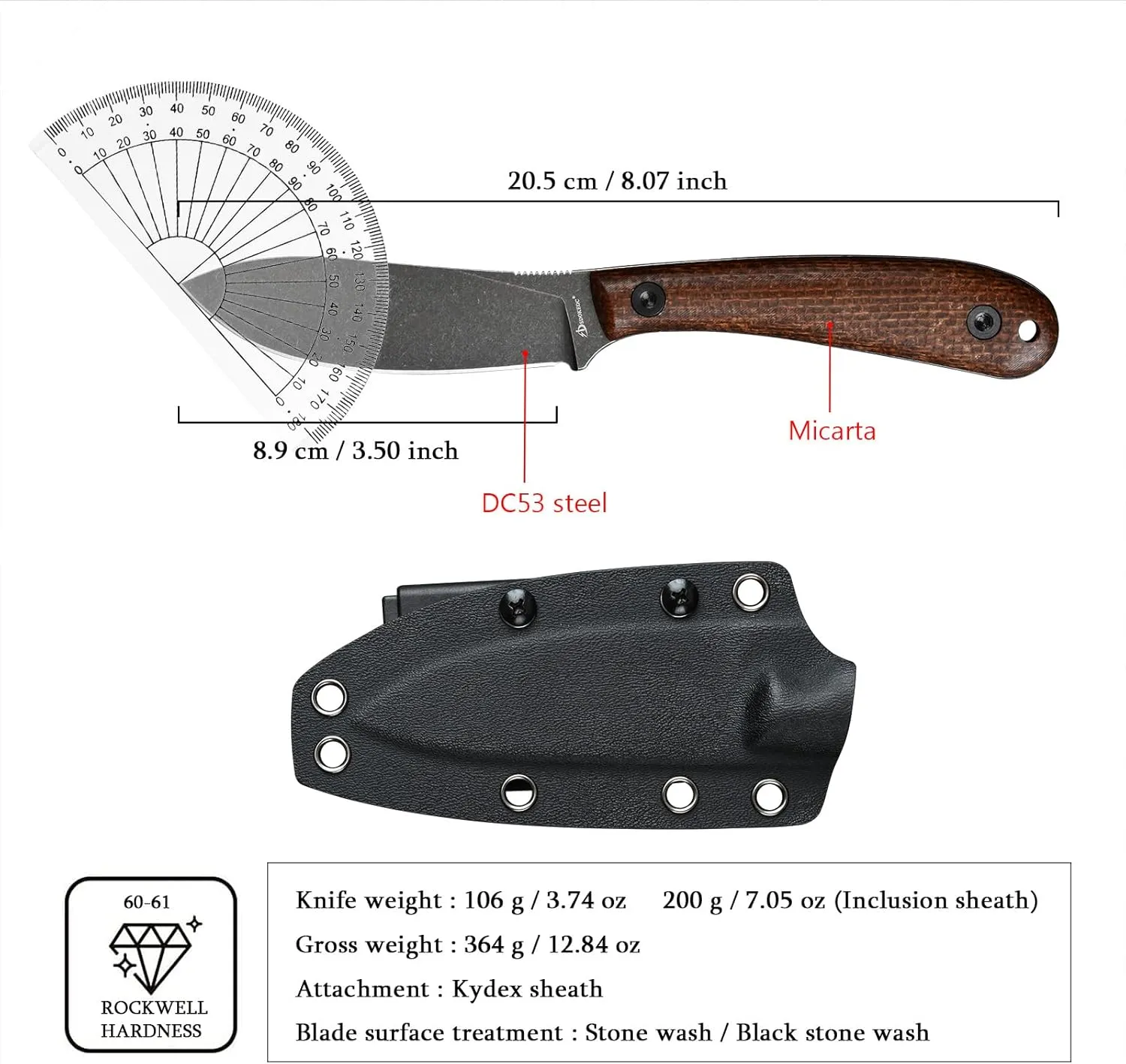Knives DC53 Steel Tactical Fixed Blade Knife Micarta Handle with kydex sheath for Men EDC Outdoor Camping Survival Hunting (Black Micarta)
