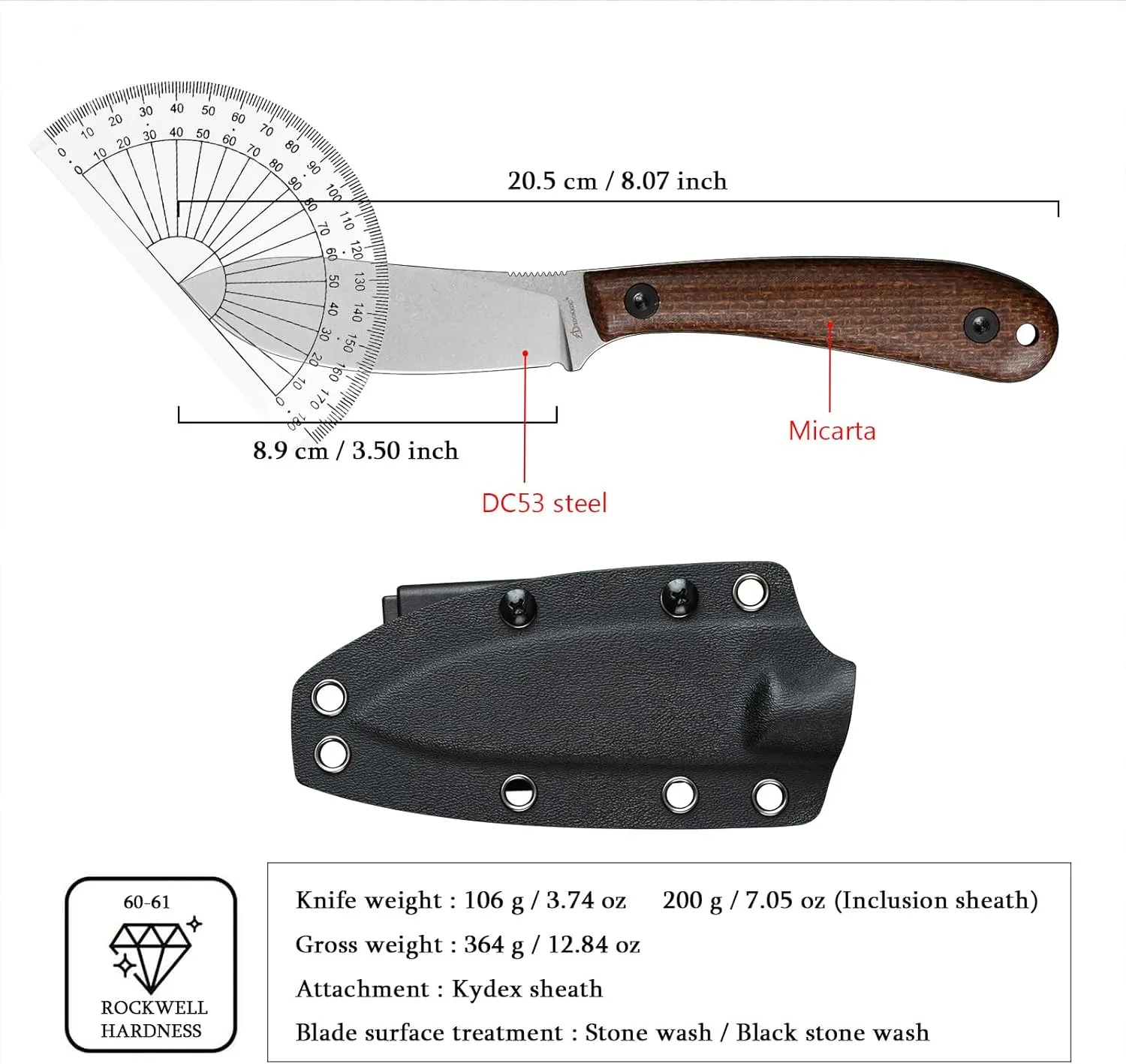 Knives DC53 Steel Tactical Fixed Blade Knife Micarta Handle with kydex sheath for Men EDC Outdoor Camping Survival Hunting (White Micarta)