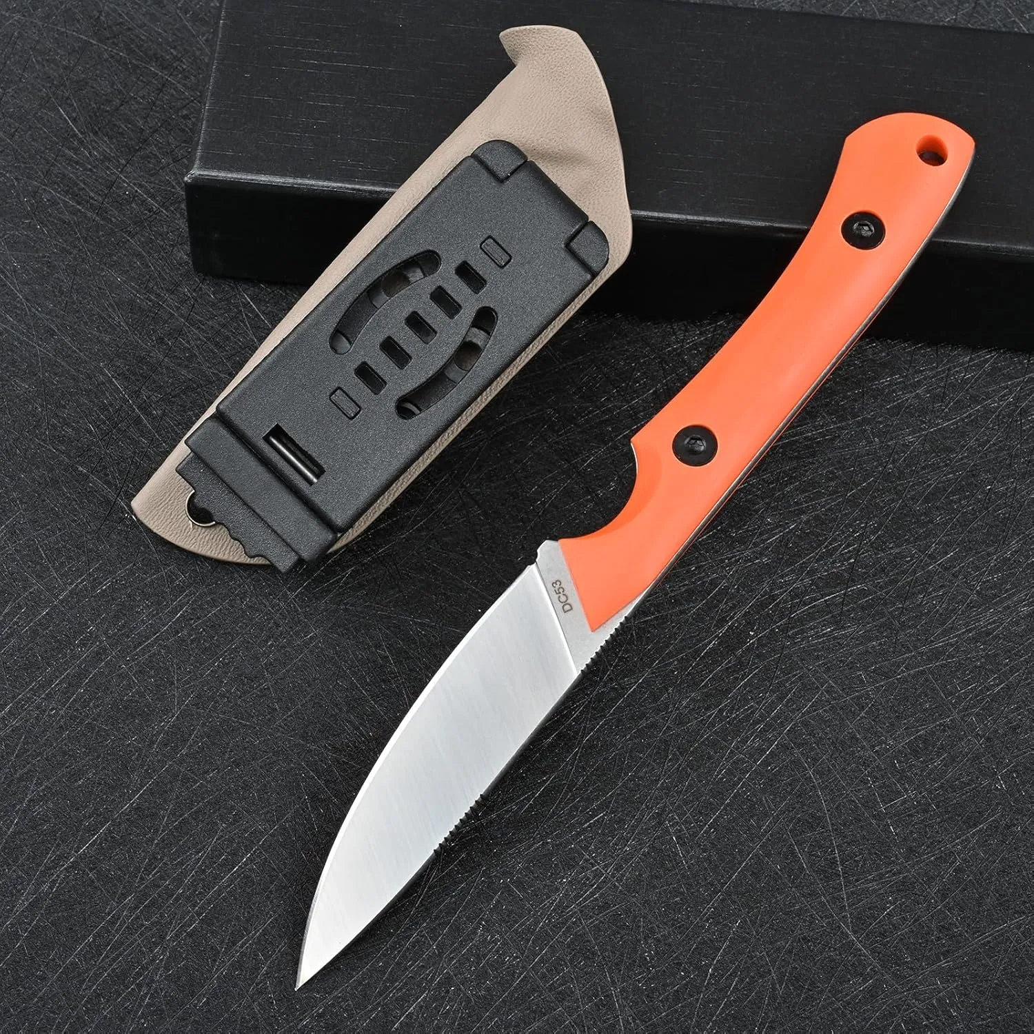 Knives DC53 Steel Tactical Fixed Blade Knife with kydex sheath for Men EDC Outdoor Camping Survival Hunting (White G10 Orange)