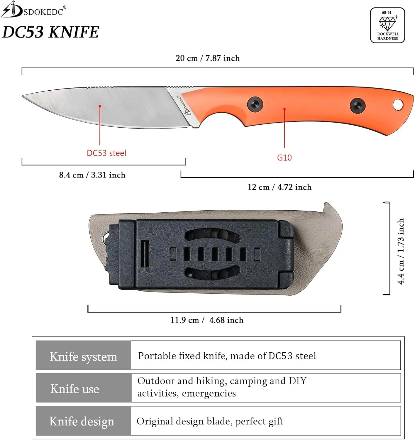 Knives DC53 Steel Tactical Fixed Blade Knife with kydex sheath for Men EDC Outdoor Camping Survival Hunting (White G10 Orange)