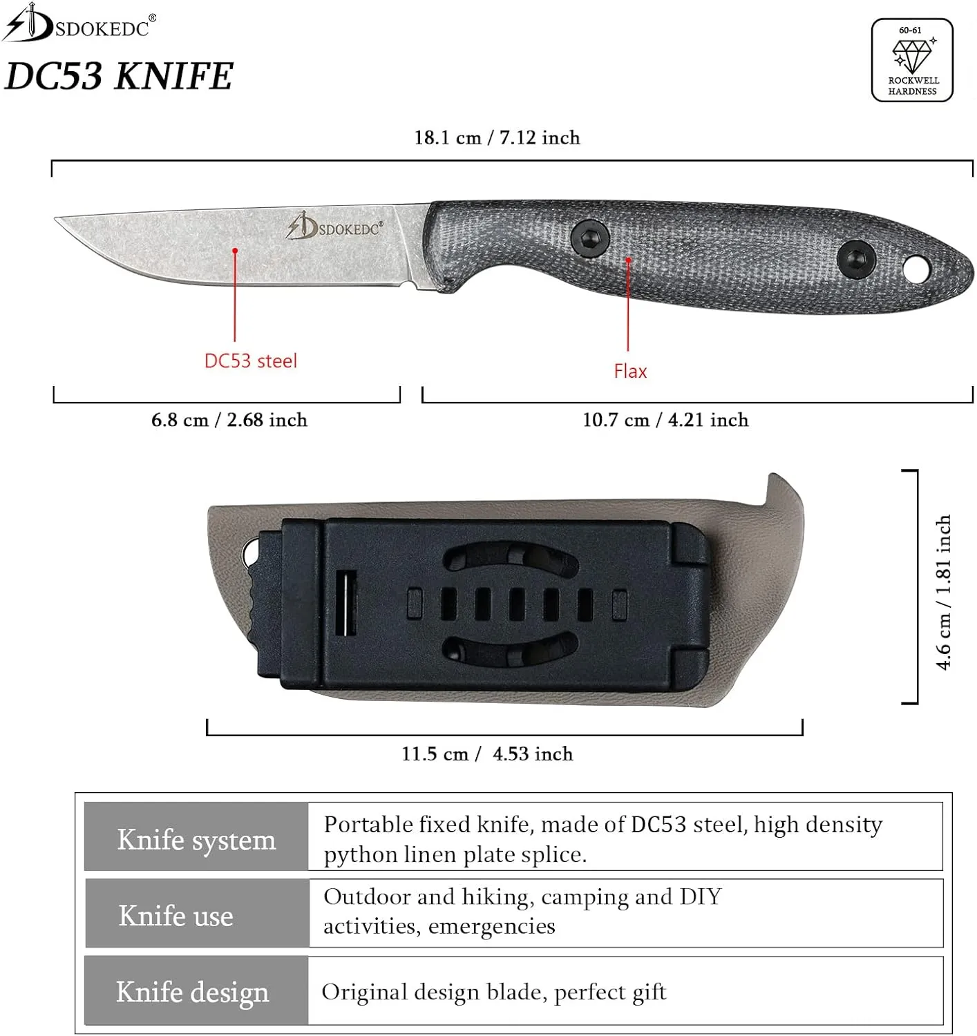 Knives DC53 Steel Tactical Fixed Blade Knife with kydex sheath for Men EDC Outdoor Camping Survival Hunting (White stone wash)