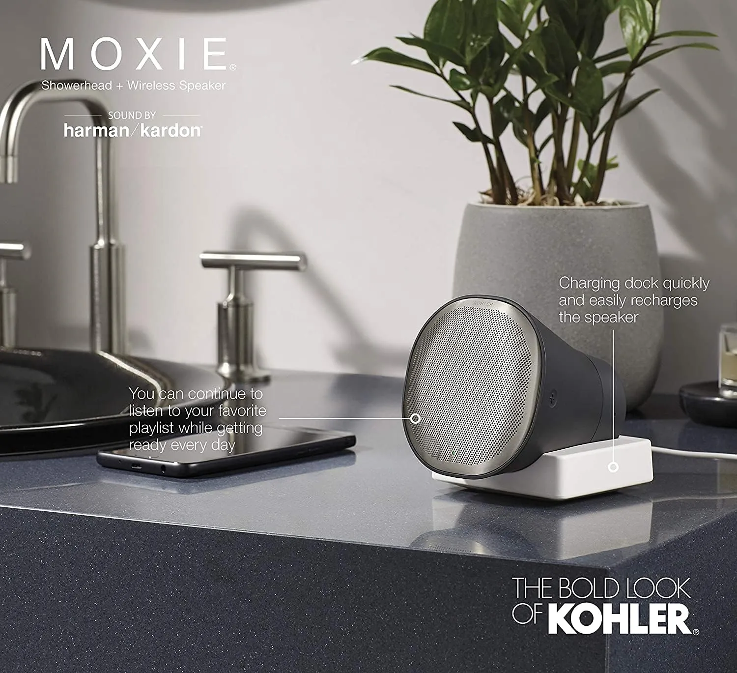Kohler Moxie Showerhead and Waterproof Bluetooth Wireless Speaker, 2.5 gpm - Polished Chrome