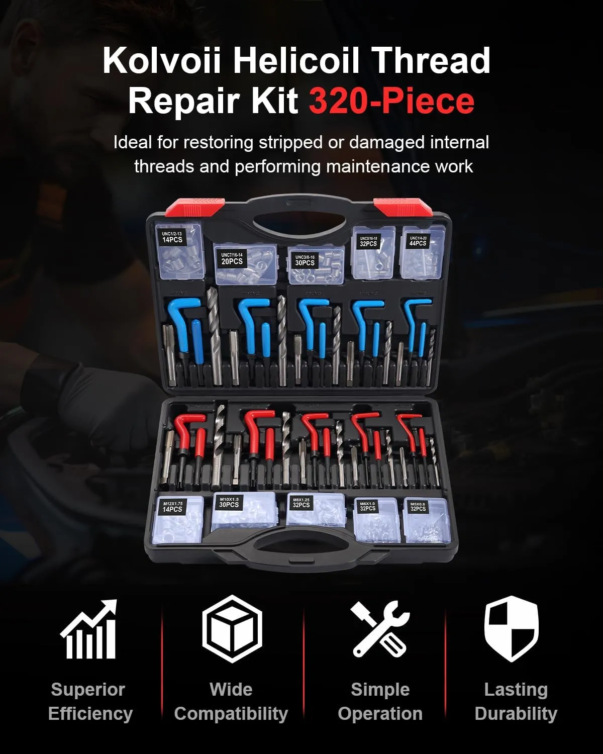 Kolvoii Helicoil Thread Repair Kit 320-Piece Metric SAE Heli Coil Thread Repair Kit with HSS Drill Bits Inserts Taps Break Off Tools, Universal Threaded Restorer Restoring Rethread