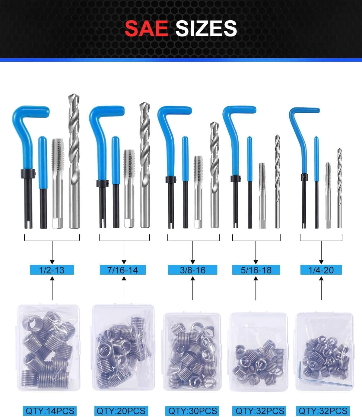 Kolvoii Helicoil Thread Repair Kit 320-Piece Metric SAE Heli Coil Thread Repair Kit with HSS Drill Bits Inserts Taps Break Off Tools, Universal Threaded Restorer Restoring Rethread