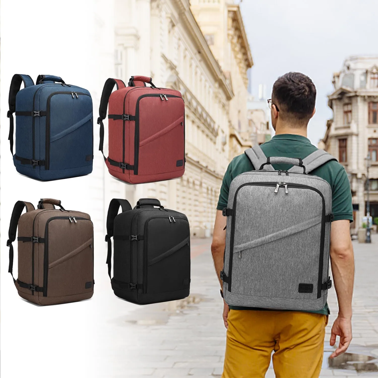 Kono Carry on Backpack, 18" Airplane Approved Under Seat Travel Backpack for Men and Women, Waterproof Lightweight Daypack for Flight 30L (Grey, Medium)