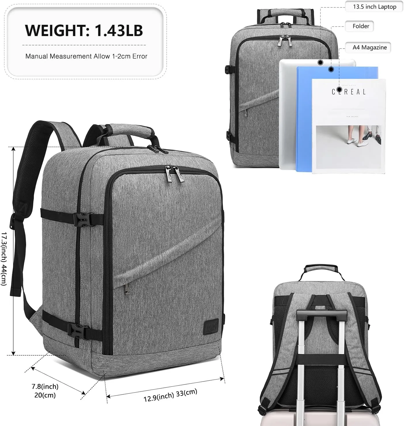 Kono Carry on Backpack, 18" Airplane Approved Under Seat Travel Backpack for Men and Women, Waterproof Lightweight Daypack for Flight 30L (Grey, Medium)
