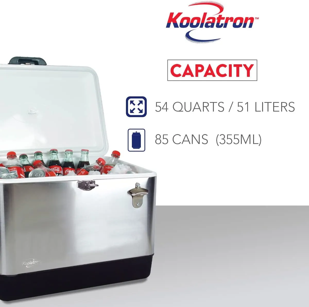 KoolatronStainless Steel Ice Chest Beverage Cooler with Bottle Opener, 51 L (54 qt), 85 Can Capacity Portable Cooler, Silver and Black, for Camping, Beach, RV, BBQs, Tailgating, Fishing