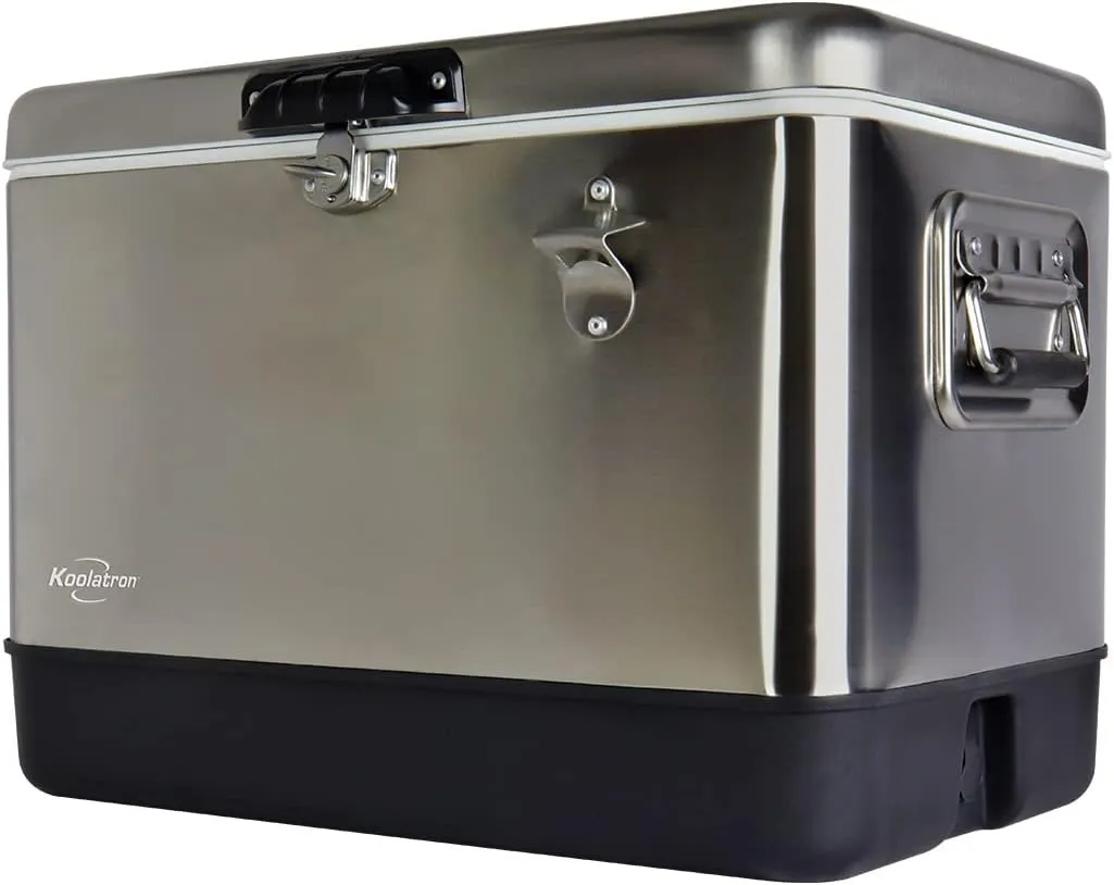 KoolatronStainless Steel Ice Chest Beverage Cooler with Bottle Opener, 51 L (54 qt), 85 Can Capacity Portable Cooler, Silver and Black, for Camping, Beach, RV, BBQs, Tailgating, Fishing