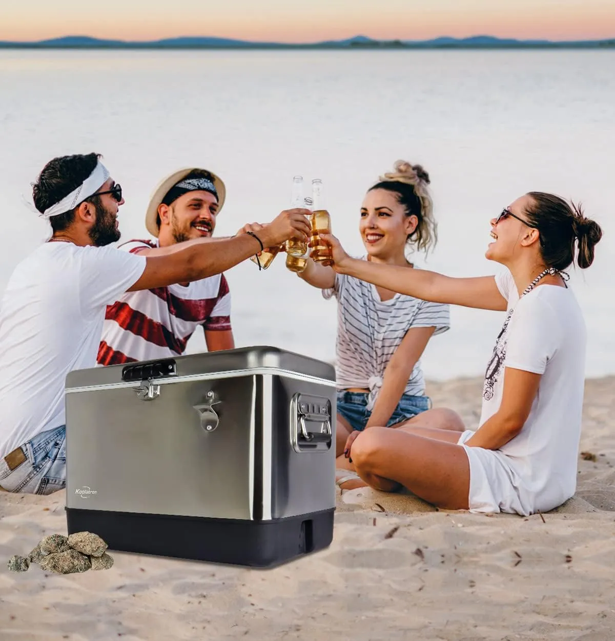 KoolatronStainless Steel Ice Chest Beverage Cooler with Bottle Opener, 51 L (54 qt), 85 Can Capacity Portable Cooler, Silver and Black, for Camping, Beach, RV, BBQs, Tailgating, Fishing