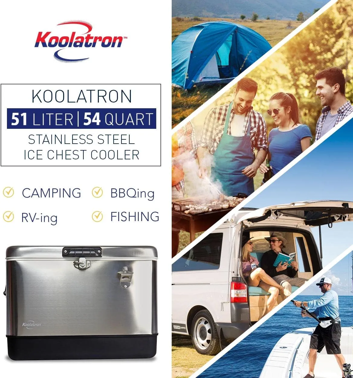 KoolatronStainless Steel Ice Chest Beverage Cooler with Bottle Opener, 51 L (54 qt), 85 Can Capacity Portable Cooler, Silver and Black, for Camping, Beach, RV, BBQs, Tailgating, Fishing