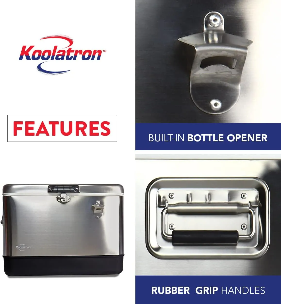 KoolatronStainless Steel Ice Chest Beverage Cooler with Bottle Opener, 51 L (54 qt), 85 Can Capacity Portable Cooler, Silver and Black, for Camping, Beach, RV, BBQs, Tailgating, Fishing