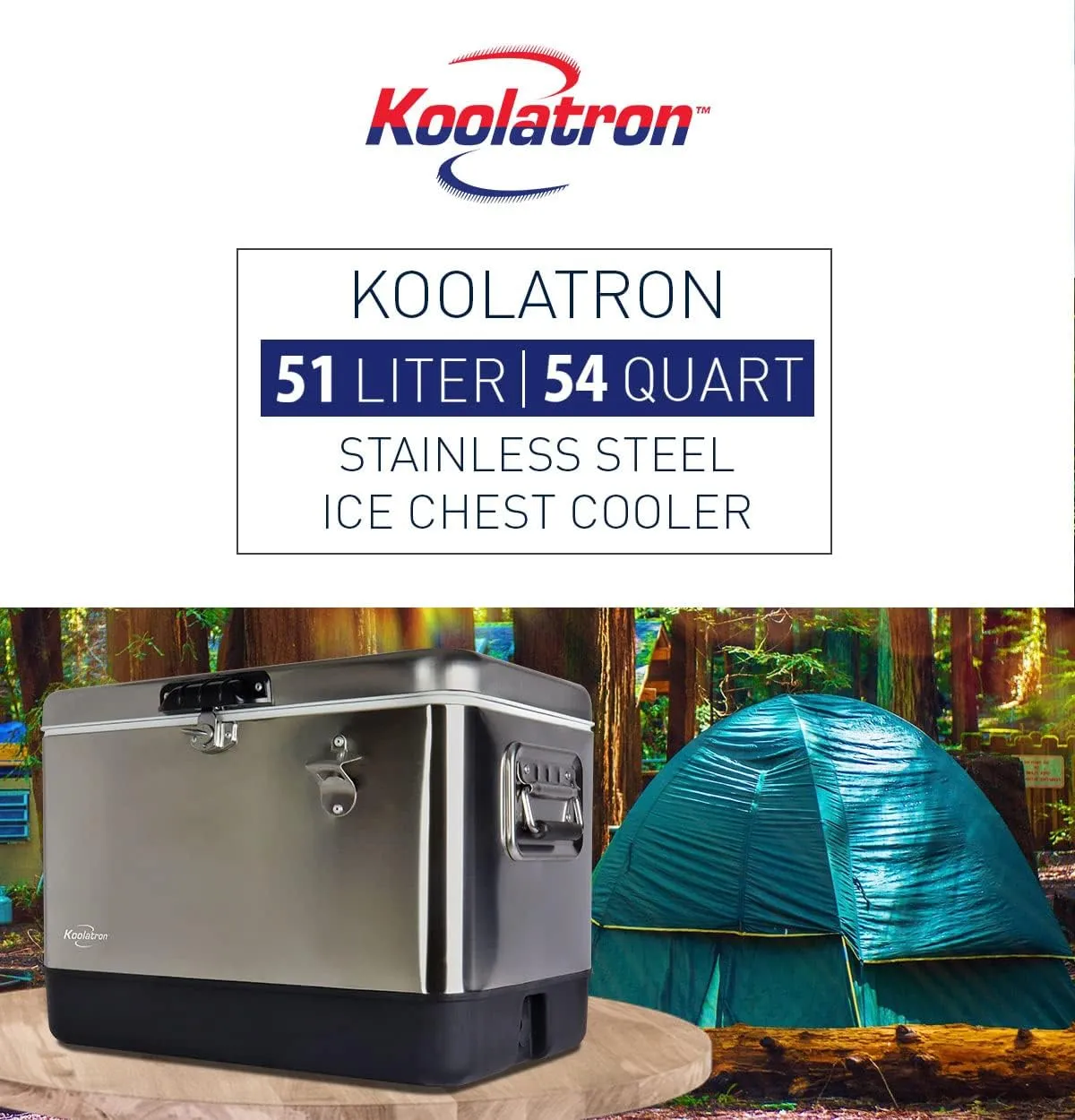KoolatronStainless Steel Ice Chest Beverage Cooler with Bottle Opener, 51 L (54 qt), 85 Can Capacity Portable Cooler, Silver and Black, for Camping, Beach, RV, BBQs, Tailgating, Fishing