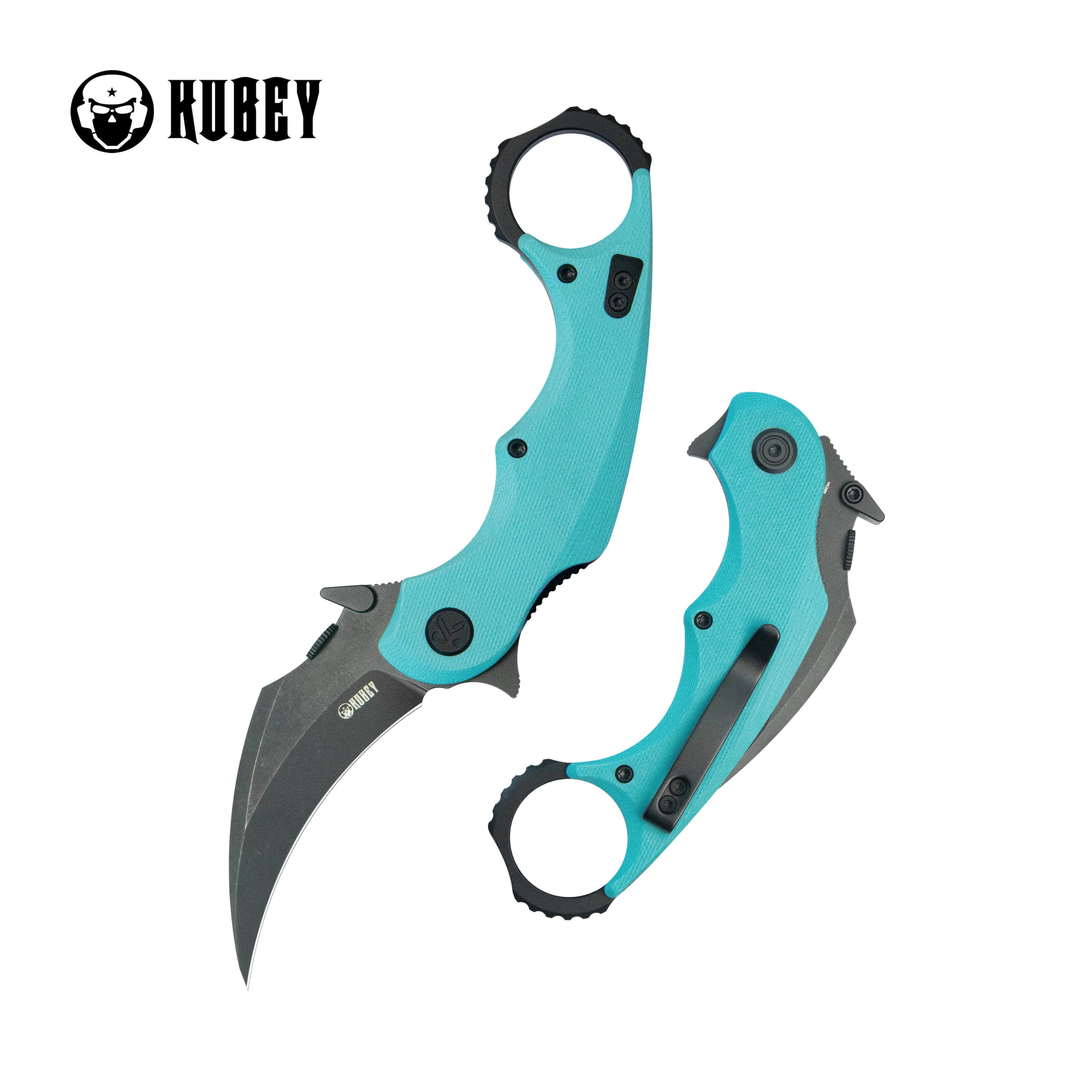 Kubey Rogue Pikal Karambit Folding Knife Tiffany Blue G10 Handle 2.91" Blackwash 14C28N Blade KU298D