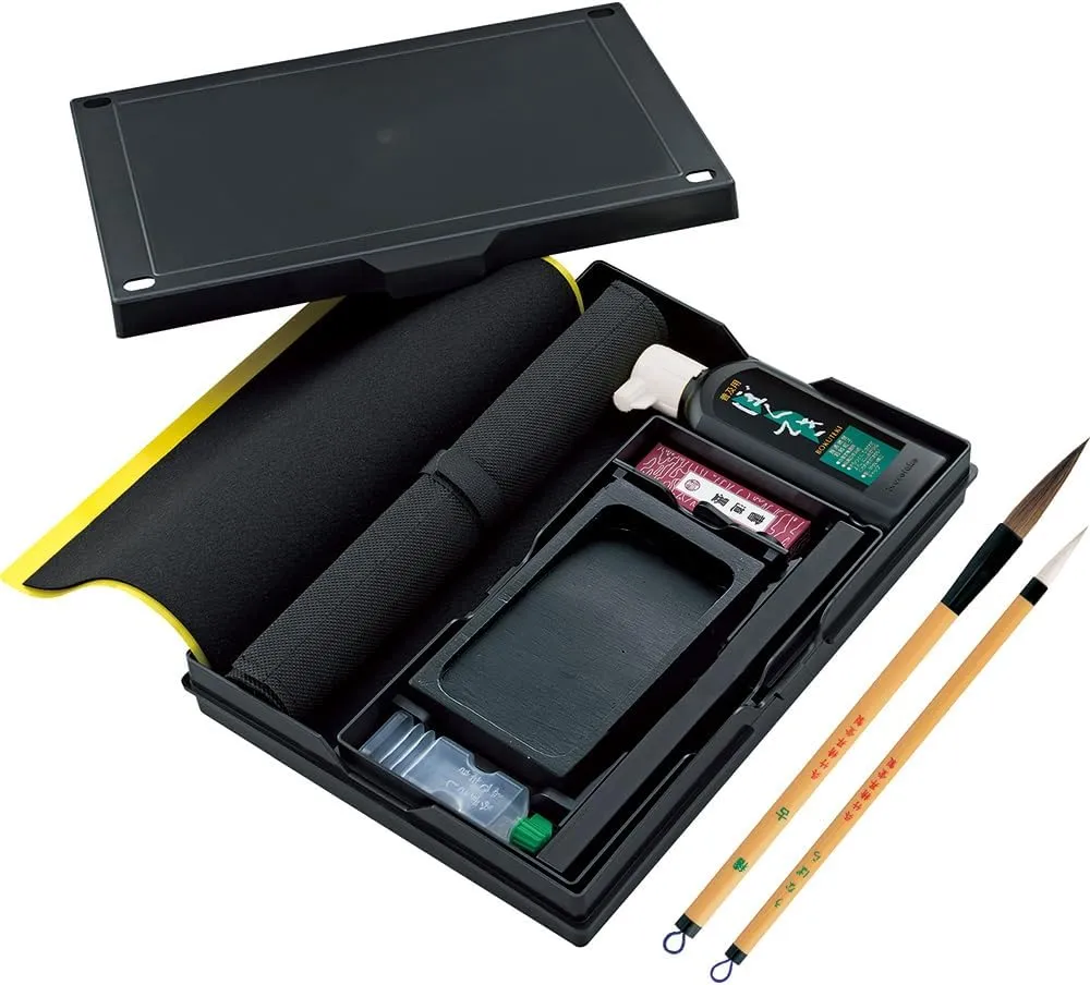 Kureteke Calligraphy Set for intermediate learners, Japanese Supplies Kit, Brushes Sumi Ink stick, Professional, Writing, Drawing, Art, Kanji, Made in Japan
