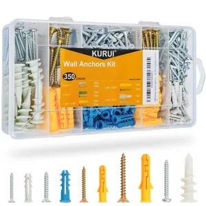 KURUI Drywall Anchors Assortment Kit for Sheetrock Concrete Brick, 350Pcs Wall Anchors Kit with Self Drilling Anchos and Flat Head Screws, 5 Sizes Picture Hangers Set, Picture Hanging Anchors