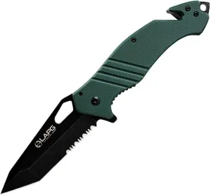 LA Police Gear LAPG EDC Folding Knife, Tactical Flipper Pocket Knife, Survival Knife With Seatbelt Cutter & Glass Breaker, Metal Serrated/Green Handle