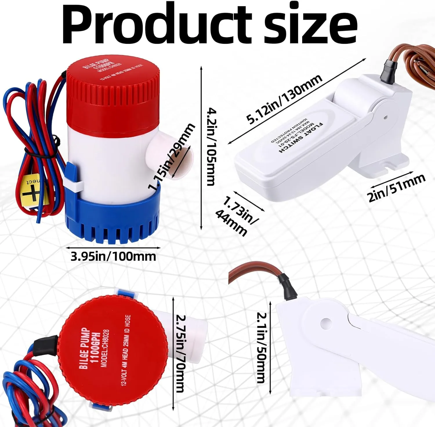 Landhoow Boat Bilge Water Pump, 12 V 1100 GPH Submersible Electric Marine Bilge Pump and Automatic Boat Bilge Pump Float Switch 12 V 24 V 32 V with Hose, Clamps, Thru Hull Connectors for Boats