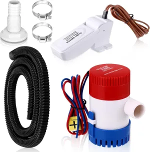 Landhoow Boat Bilge Water Pump, 12 V 1100 GPH Submersible Electric Marine Bilge Pump and Automatic Boat Bilge Pump Float Switch 12 V 24 V 32 V with Hose, Clamps, Thru Hull Connectors for Boats